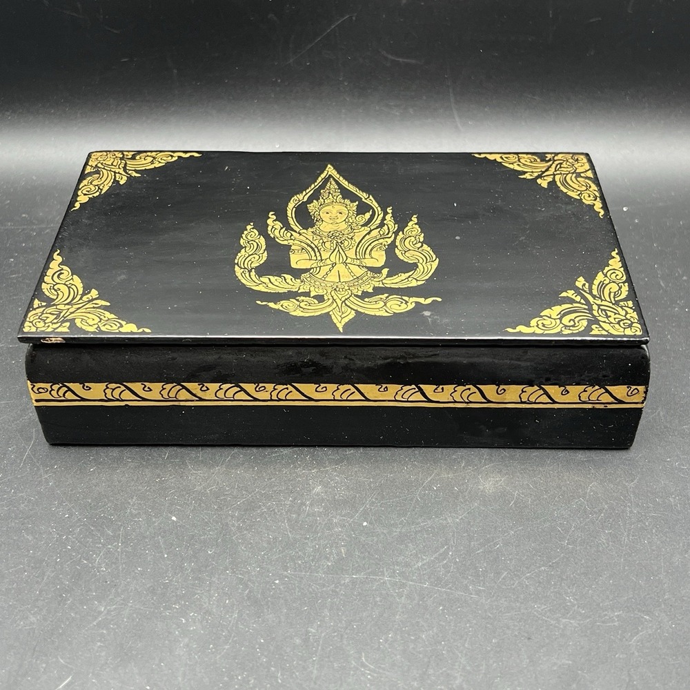 VTG Thai‎ Black & Gold Lacquerware Handcrafted Wood Trinket Box Deity Motif 7"
